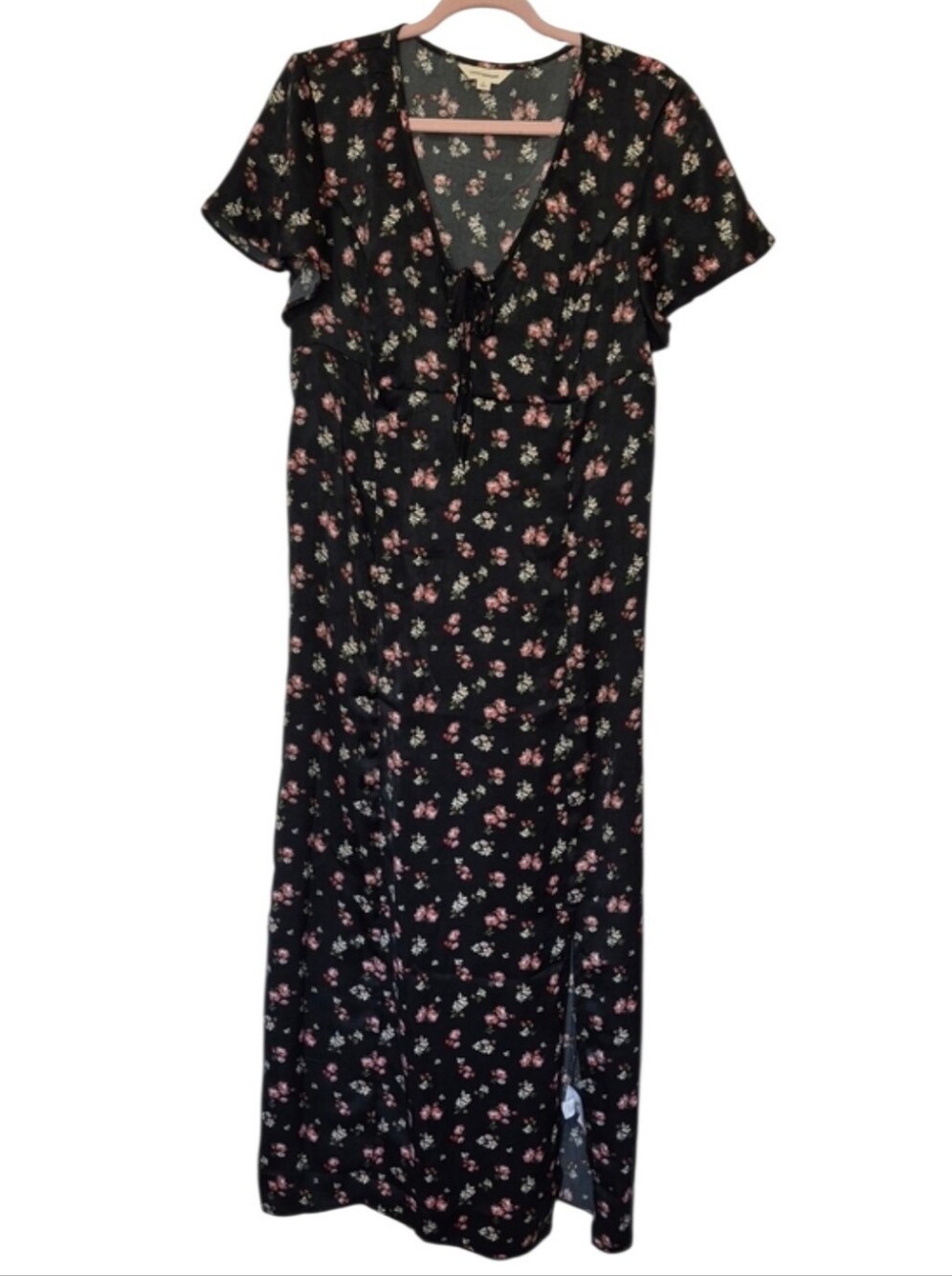 Lucky Brand Black Floral Lace Up Back Maxi Dress L NWT Side Slit